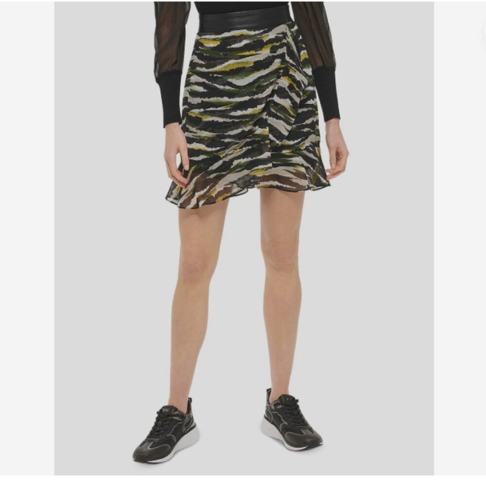 DKNY Women's Black Faux-Leather Elastic Waist Ruffled Overlay Skirt Size 16 NWT*